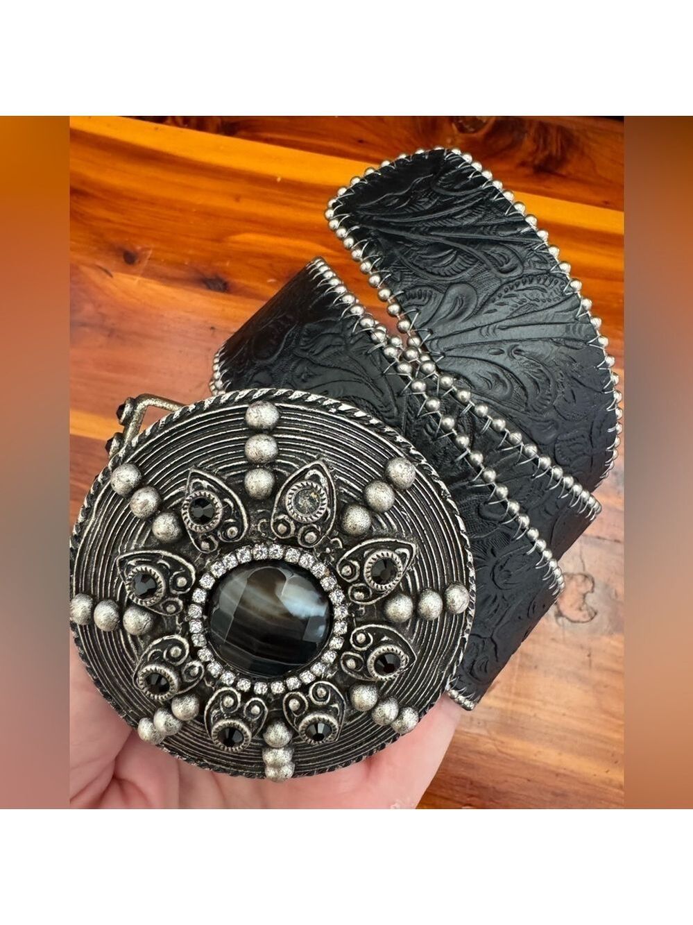 Leatherock Leather studded Belt embellished black stones buckle embossed